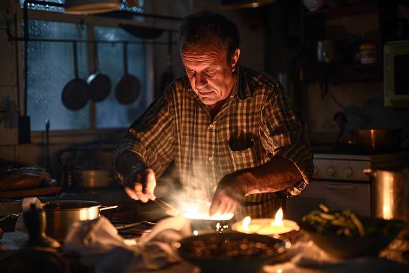 停電中に料理をする男性