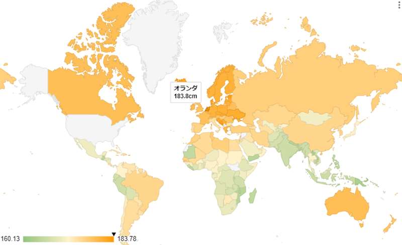世界各国の平均身長マップ（男性）