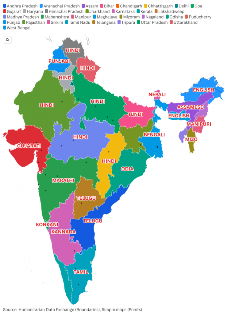 インド公用語分布マップ