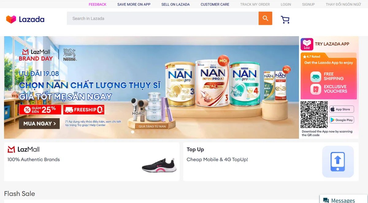 Lazada Vietnam. The "LazMall — 100% Authentic Brands" block is the marketplace vouching for the seller, which is precisely what an unknown standalone domain cannot manufacture quickly.