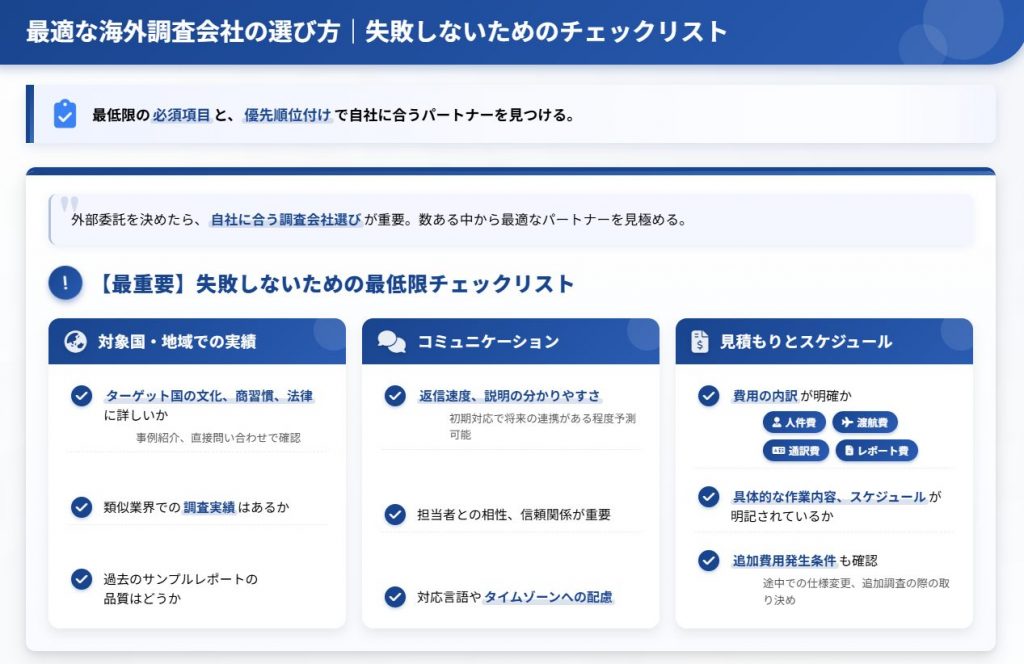 最適な海外調査会社の選び方|失敗しないためのチェックリスト